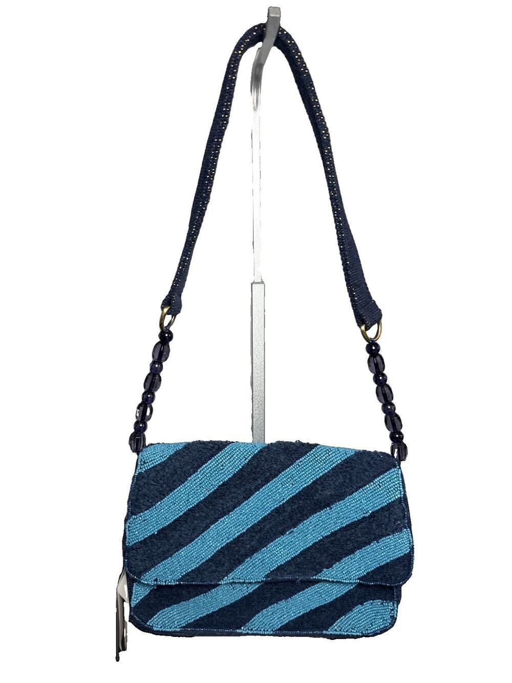 NWT America & Beyond Blue Zebra Stripe Hand Beaded Shoulder Bag Purse Blemishes